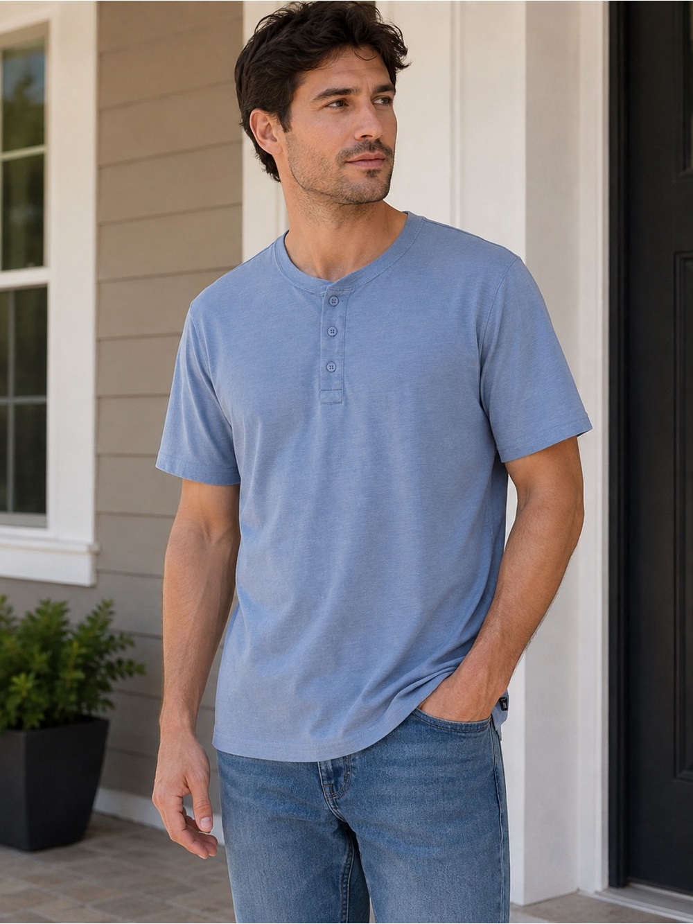 GAP Men’s Blue Short Sleeve Henley 100% Cotton Casual Shirt Size Medium
